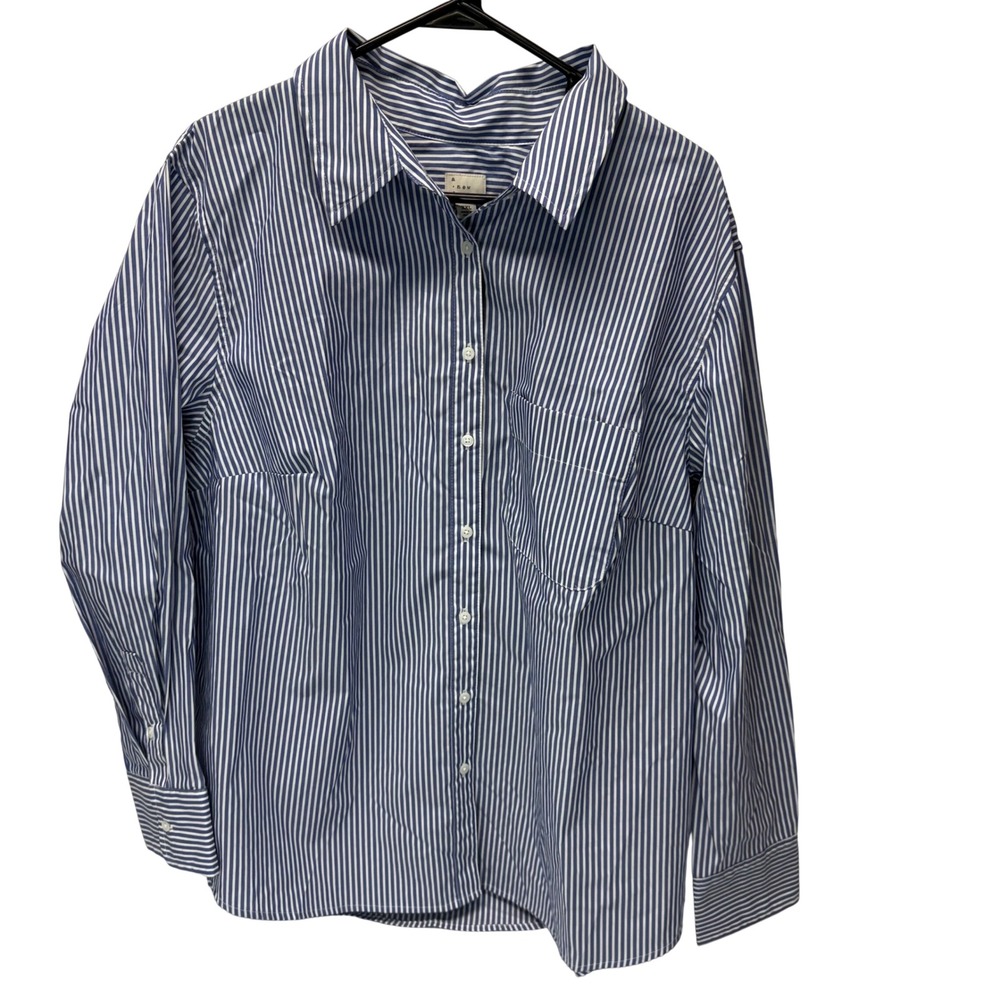 A New Day Women's XXL Blue White Stripe Button Down Shirt Long Sleeve Pocket